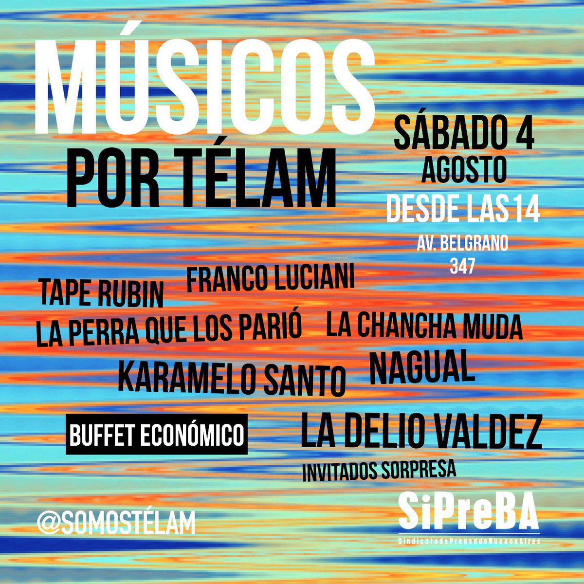 LaViaba's tweet photo. Grilla de Musicos por Telam @357Adentro con la participacion de @lpqlp_oficial, @LaDelioValdez, @NagualOficial, @ChanchaMuda, @karamelosantoOK entre otros y con un Buffet económico para apoyar la causa #TelamSomosTodos https://t.co/oeWe80kIc5