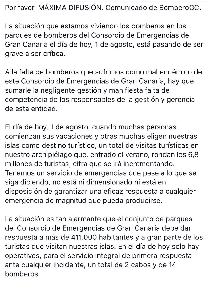 BomberosGC's tweet photo. Por favor, MAXIMA DIFUSIÓN. Comunicado de  @BomberosGC 
#AntonioMoralesSolucionBomberos
@amoralesmendez @oscarhdezsuarez @GranCanariaCab @NC_CabildoGC @JuanMartel_ @PedroQuevedoIt @LUISCAMPOSJ @NC_CabildoGC @Nueva_Canarias https://t.co/XTNhSlTEBY