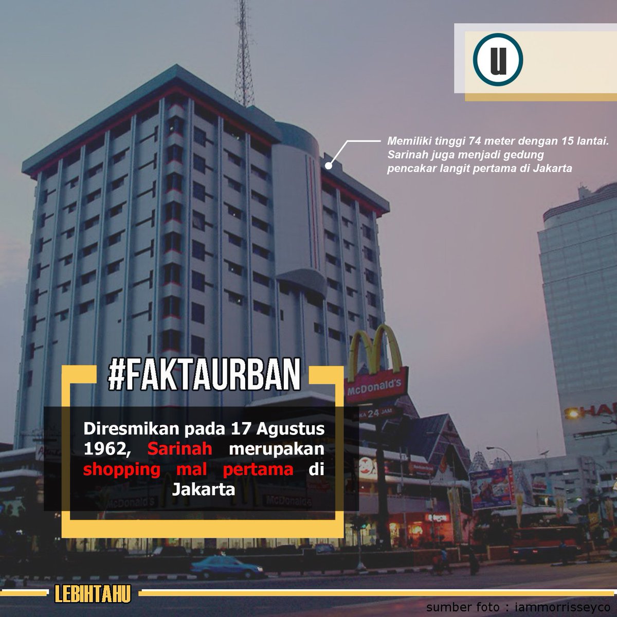 Tempat paling gaul pada zamannya. Berdiri sebagai shopping mall pertama di Jakarta. Memegang rekor pula sebagai pencakar langit pertama.

Sarinah yang melegenda.