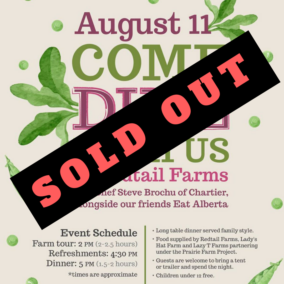THANK YOU for the overwhelming enthusiasm for our next event, as our Redtail Farms dinner is now SOLD OUT!! We look forward to seeing you next weekend!

(P.S. Tickets are still available for our FREE Young Agrarians event on August 16 in Edmonton)