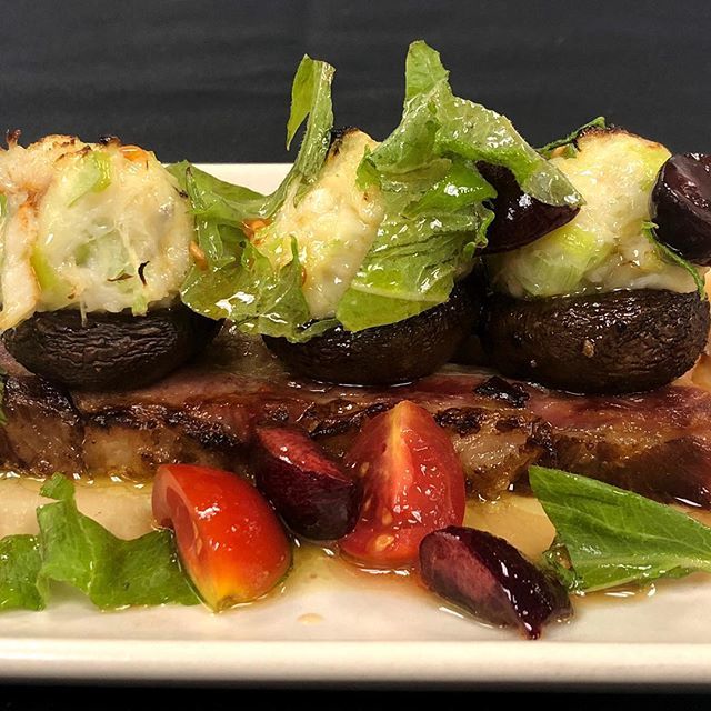 Stuffed Mushroom revival. Dungeness crab, rooftop shiso and tomatoes, pork belly, cherries