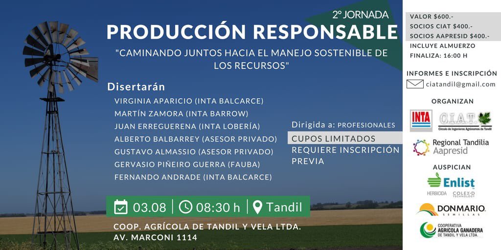RAIABA2016's tweet photo. El #CIAT Círculo de Ingenieros Agrónomos de #Tandil perteneciente a la #RAIABA organiza junto a @intaargentina y la Regional @TandiliaReg de @aapresid por 2do año la Jornada sobre Producción Sustentable en #Tandil este viernes, Te la vas a perder? https://t.co/9K7cP7uOMf
