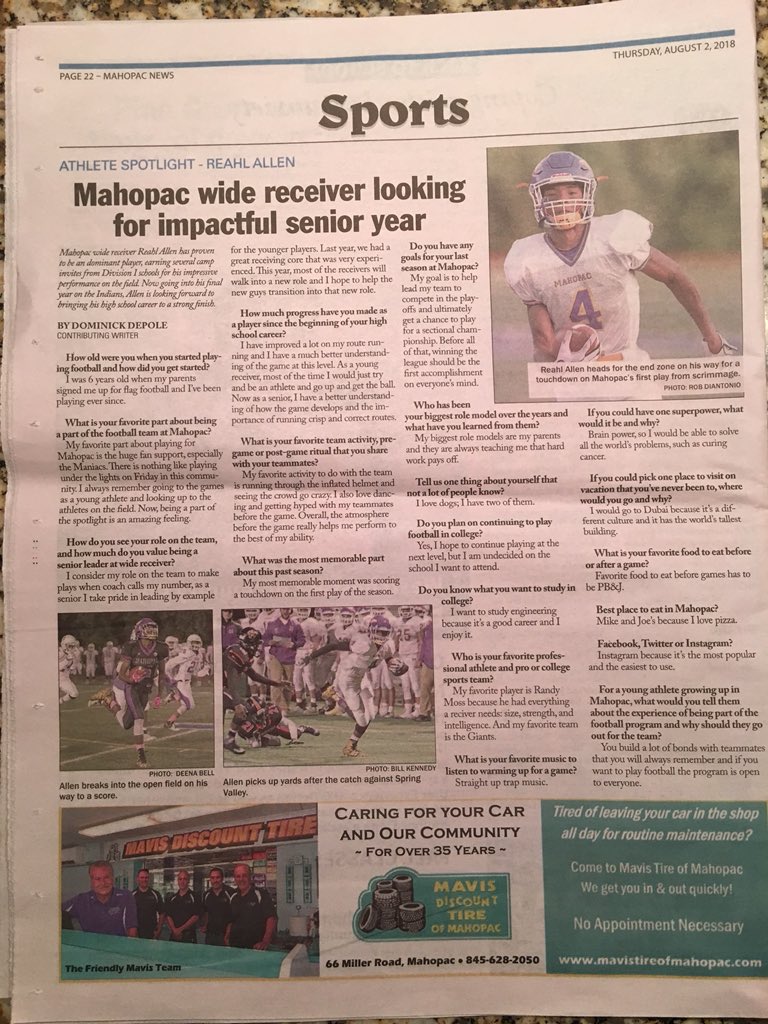 MahopacFB's tweet image. Make sure you check out today’s @MahopacNews “Athlete Spotlight” w/ @MahopacFB student-athlete Reahl Allen! GREAT interview!! #FootballFootballFOOTBALL @MahopacTdClub @PacFootballMSA @MSApacsports