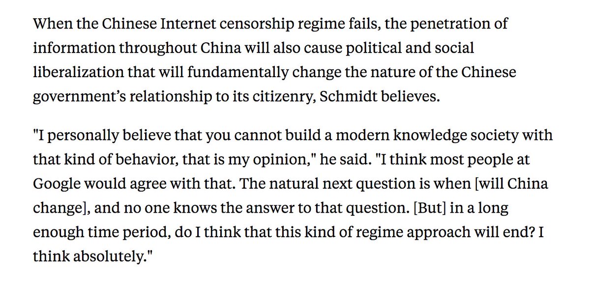 2012 - Google Chairman Eric Schmidt tells  @ForeignPolicy that he believes Chinese internet censorship will stunt its economy and the Great Firewall will (eventually) fall.