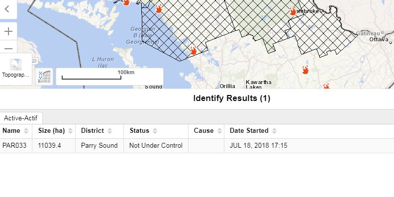 Jammin11x's tweet image. #ParrySound33 has grown to over 11,000 hectares, according to Ontario's forest fire map. Killarney's emergency manager Jim Rook did say that today's wind + weather conditions helped crews keep it south of the Pickerel River and about 5 km from Hwy. 69.

@CBCSudbury