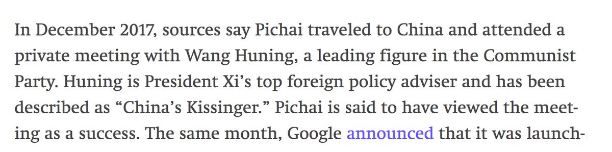 Note: December 2017 is also the time that Google CEO  @sundarpichai apparently met w/ CCP Politburo standing committee member Wang Huning in Beijing, demonstrating to him how the censored search app would work. Details in original Intercept story: