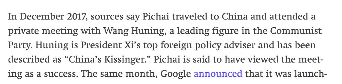 Note: December 2017 is also the time that Google CEO  @sundarpichai apparently met w/ CCP Politburo standing committee member Wang Huning in Beijing, demonstrating to him how the censored search app would work. Details in original Intercept story: