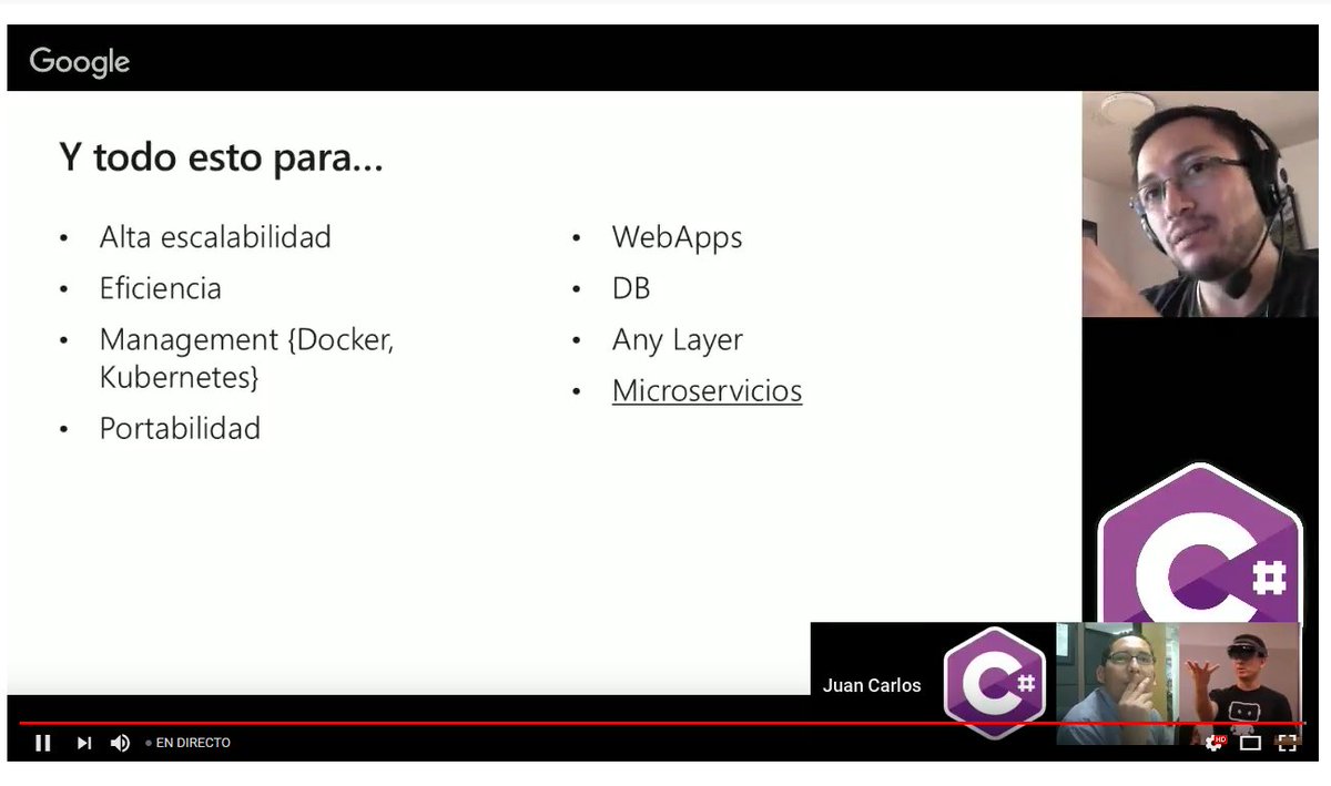 CSharpCo's tweet photo. "...Portabilidad es uno de los temas que aporta el uso de contenedores..." por @JuanKRuiz en #CSharpCoLive https://t.co/NKpFZZX0Nx https://t.co/pYzZ0XrNGa