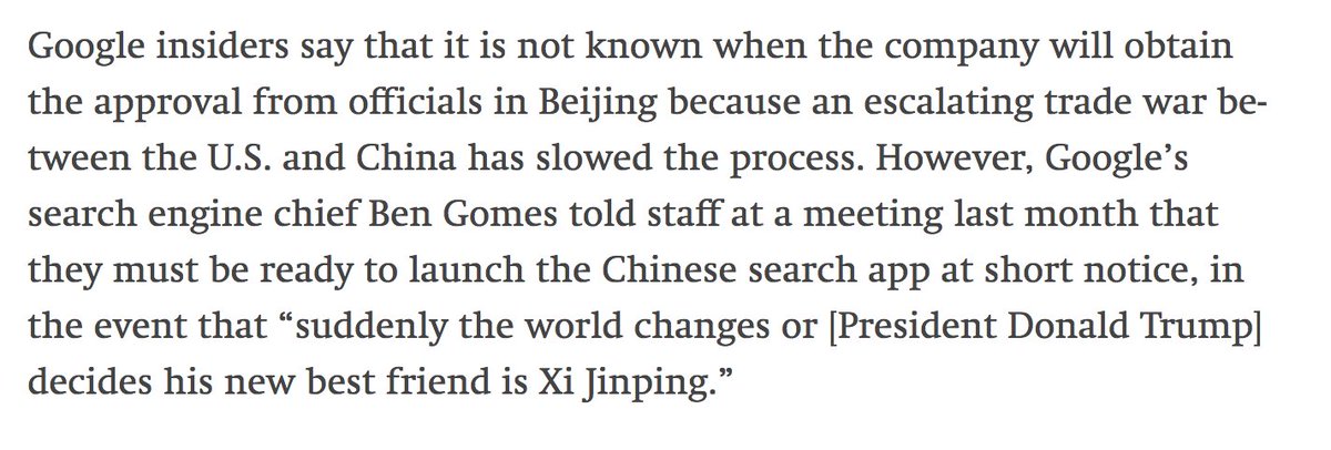 August 1 2018 - Story by  @theintercept reveals the Dragonfly project to bring a censored search app back to China, but the fate of the project still hangs in limbo...