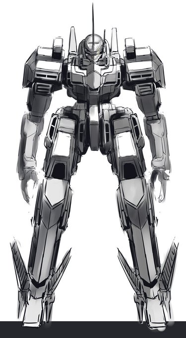 気分転換に、前回の主役機系メカ(https://t.co/LQxeqHb2HK)を正面画でチェック。 オリメカというかロボットはシルエットと密度の着地点が自由すぎて描いてる途中は禅問答みたいになりますね。 誰に何を見せたいのか、何を以ってゴールとするのか、みたいな。 