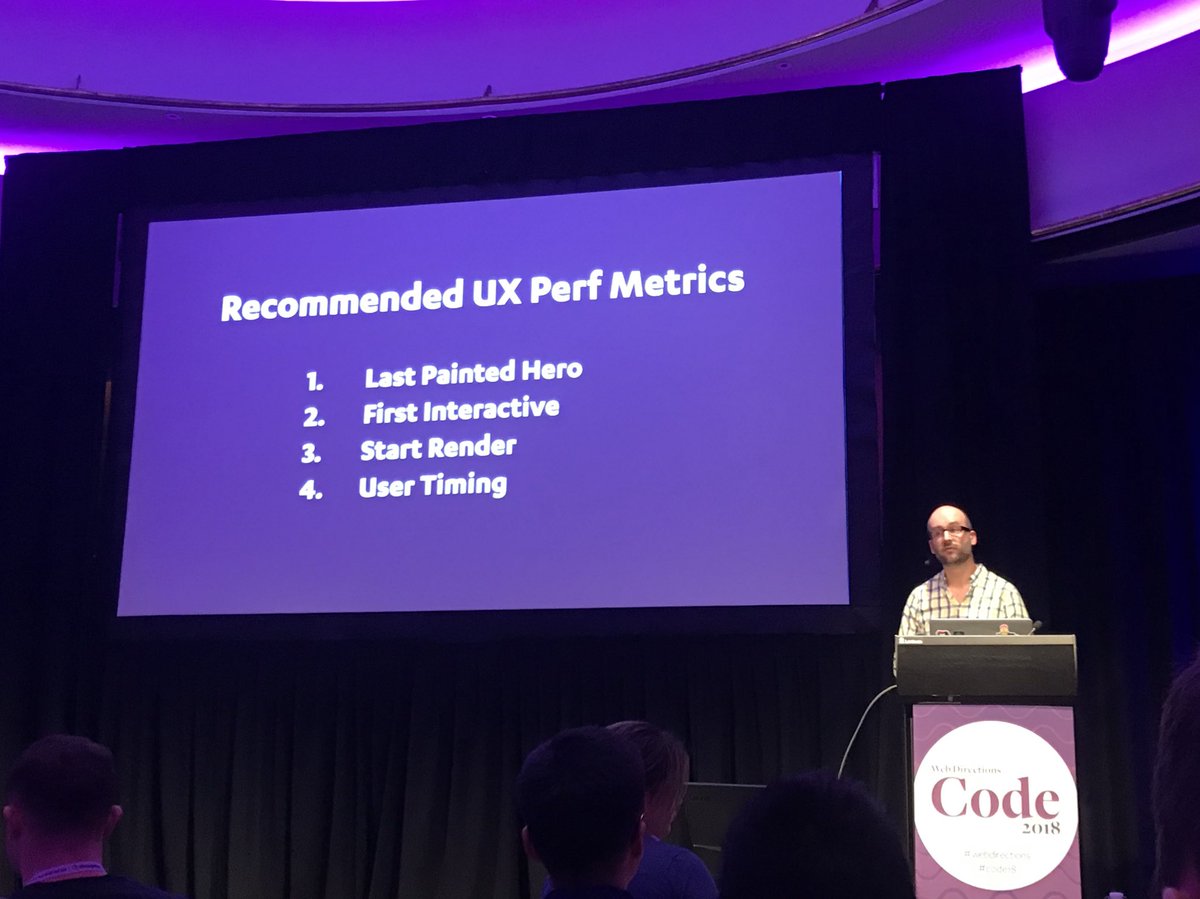 philnash's tweet image. Here are @MarkZeman’s recommended UX perf metrics:
1. Last painted hero
2. First interactive
3. Start render
4. User timing
(Shout out to speed index too.)
#code18