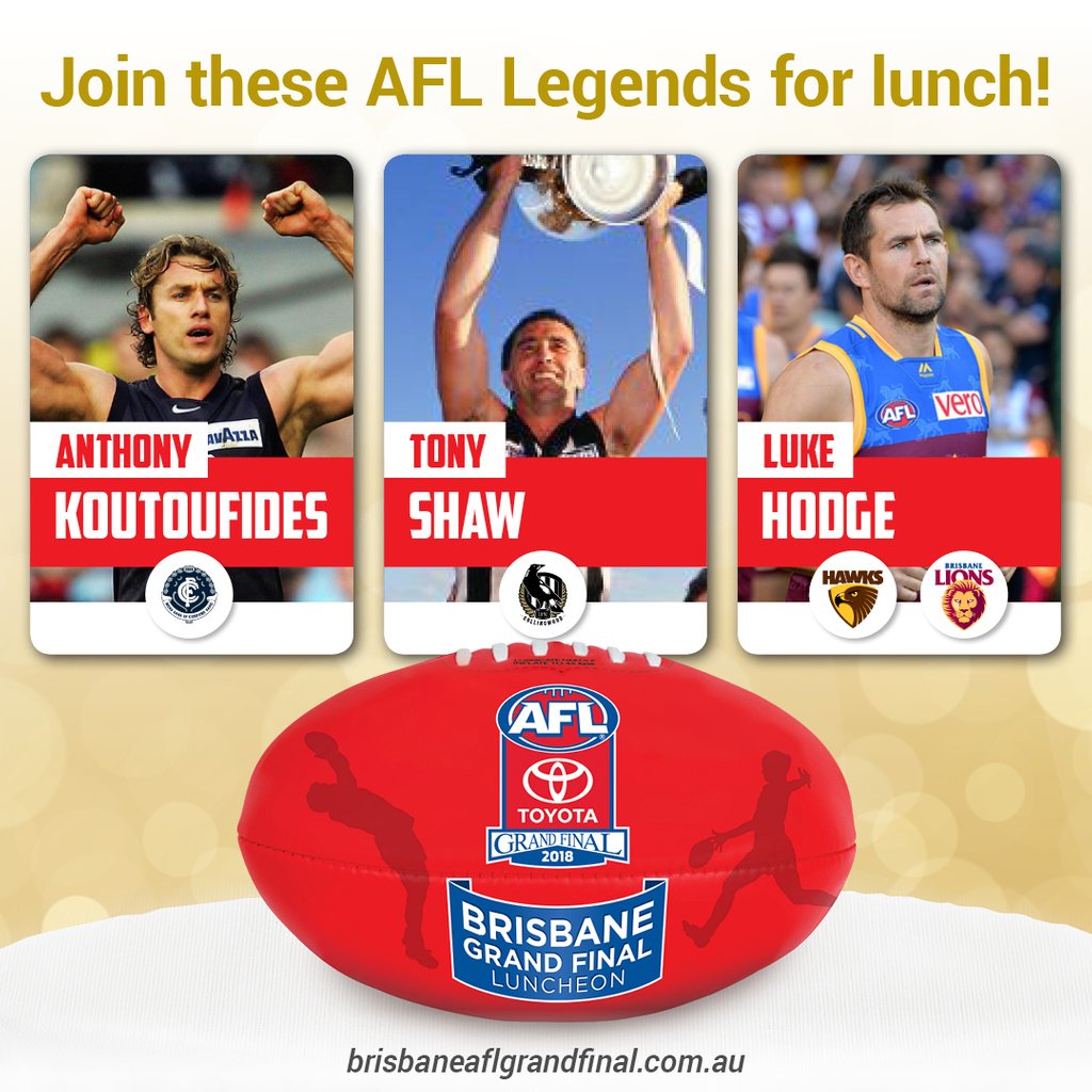 Join Kouta, Shawry and Hodgey for the Brisbane AFL Grand Final Luncheon on Sept 28th (at Brisbane City Hall).
brisbaneaflgrandfinal.com.au

#afl #aflq #aflgrandfinal #aflgf #footy #lukehodge #tonyshaw #koutoutfides #brisbanelions #collingwood #collingwoodfc #carltonfc #hawthornfc