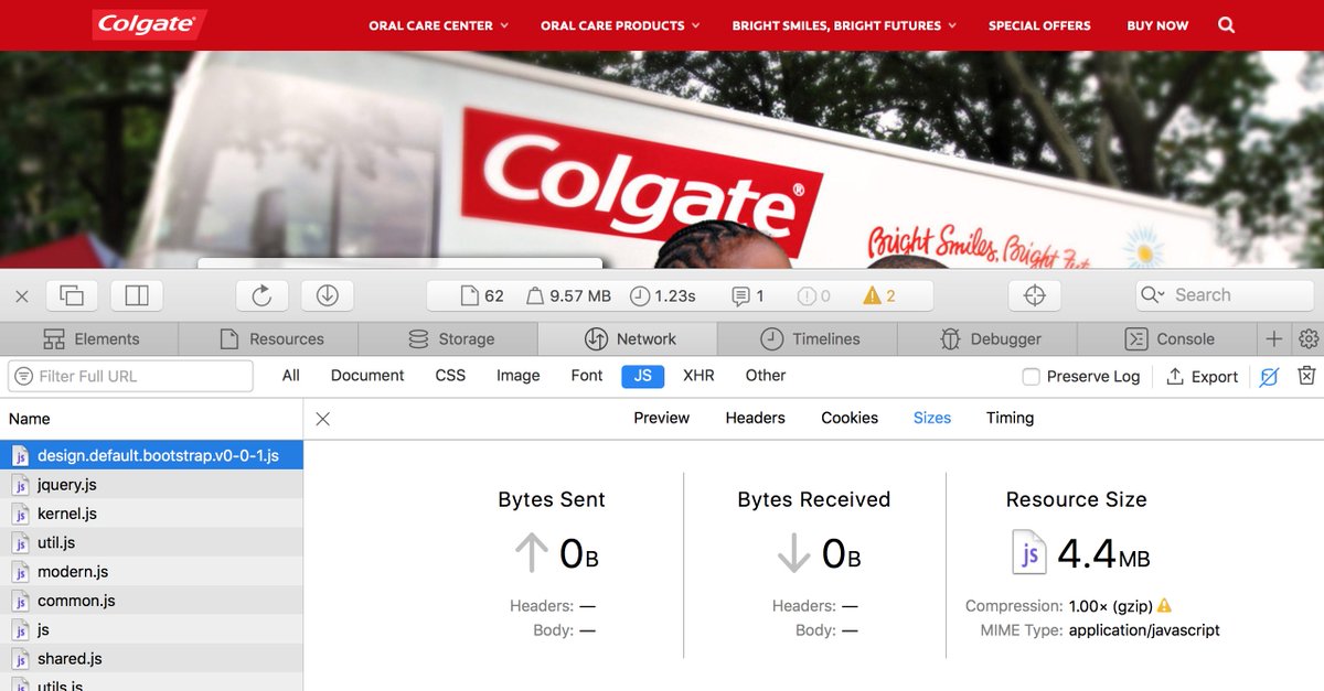 bundlebloat's tweet photo. hey @Colgate your homepage https://t.co/cH4eLGj0Zf references the file https://t.co/XnIbHdsVOd which is 4.4MB b/c it is unminified and has inline source maps. Talk to your #webdevelopers about properly building it for production https://t.co/qjCOYon1wT