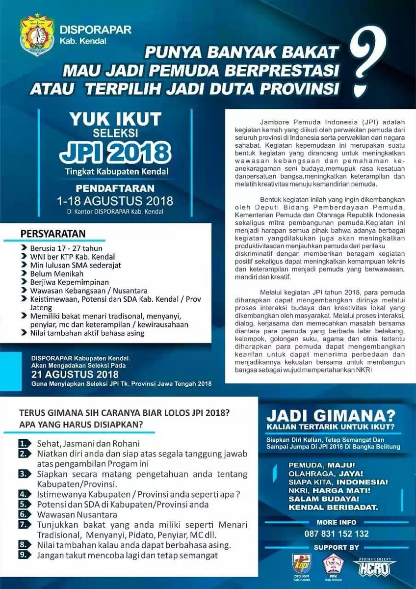 BloggerKendal's tweet photo. Punya banyak bakat, Mau jadi pemuda berprestasi? Atau terpilih jadi Duta Propinsi? Yuk ikut seleksi #JPI2018 Disporapar Kendal Pendaftaran tgl 1-8 Agustus 2018 https://t.co/JmPrC6QF0T