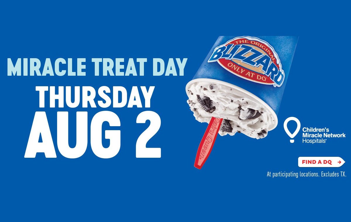MissCopperStOT's tweet photo. Tomorrow is #miracletreatday ! For every blizzard sold, Diary Queen has pledged that at least one dollar go to @cmnhospitals !   I know I’ll be heading to Dairy Queen for a sweet treat and to donate! #miracleworker #limitless #shedared https://t.co/xNOEcZ1EGT