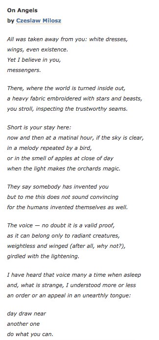 This is a second naiveté poem.  http://www.poetry-chaikhana.com/blog/2010/04/05/czeslaw-milosz-on-angels/