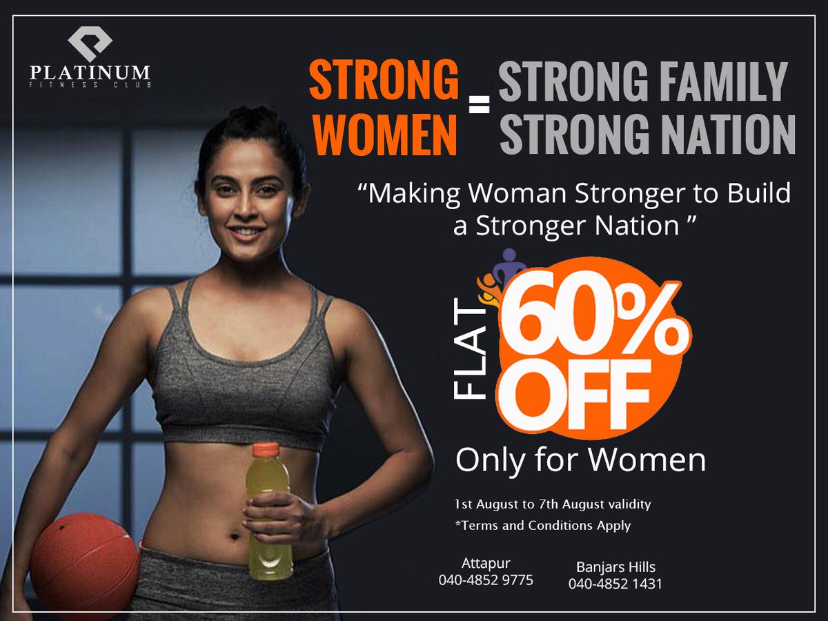 PFCHyderabad's tweet photo. Make your Woman stronger to build a stronger nation
Get Flat 60% off
Valid till 15th August, only for Women
#Platinumfitnessclub #women #womenpower #makeindiastronger #makewomenstronger #India #Indianwomen #Hyderabad #Attapur #BanjaraHills #fitness #workout #offer #fitnessoffer https://t.co/T9VaLspLLp