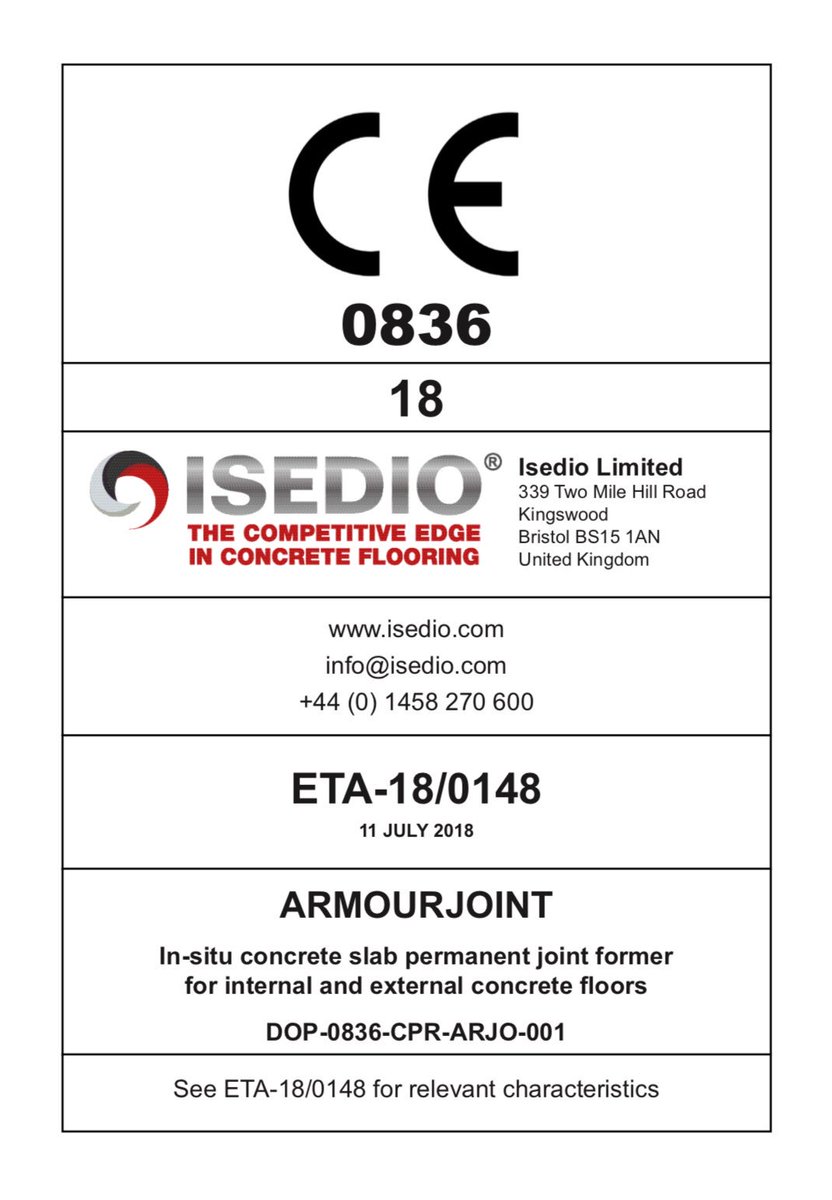 IsedioLtd's tweet photo. Presently, ISEDIO are the only manufacturer worldwide in a position to CE MARK industrial concrete floor joints. On 11 July we were awarded, by the British Board of Agrément, our ETA-18/0148.  Contact us for buying CPR compliant CE MARKED FLOOR JOINTS. https://t.co/RB6HQXAnzX