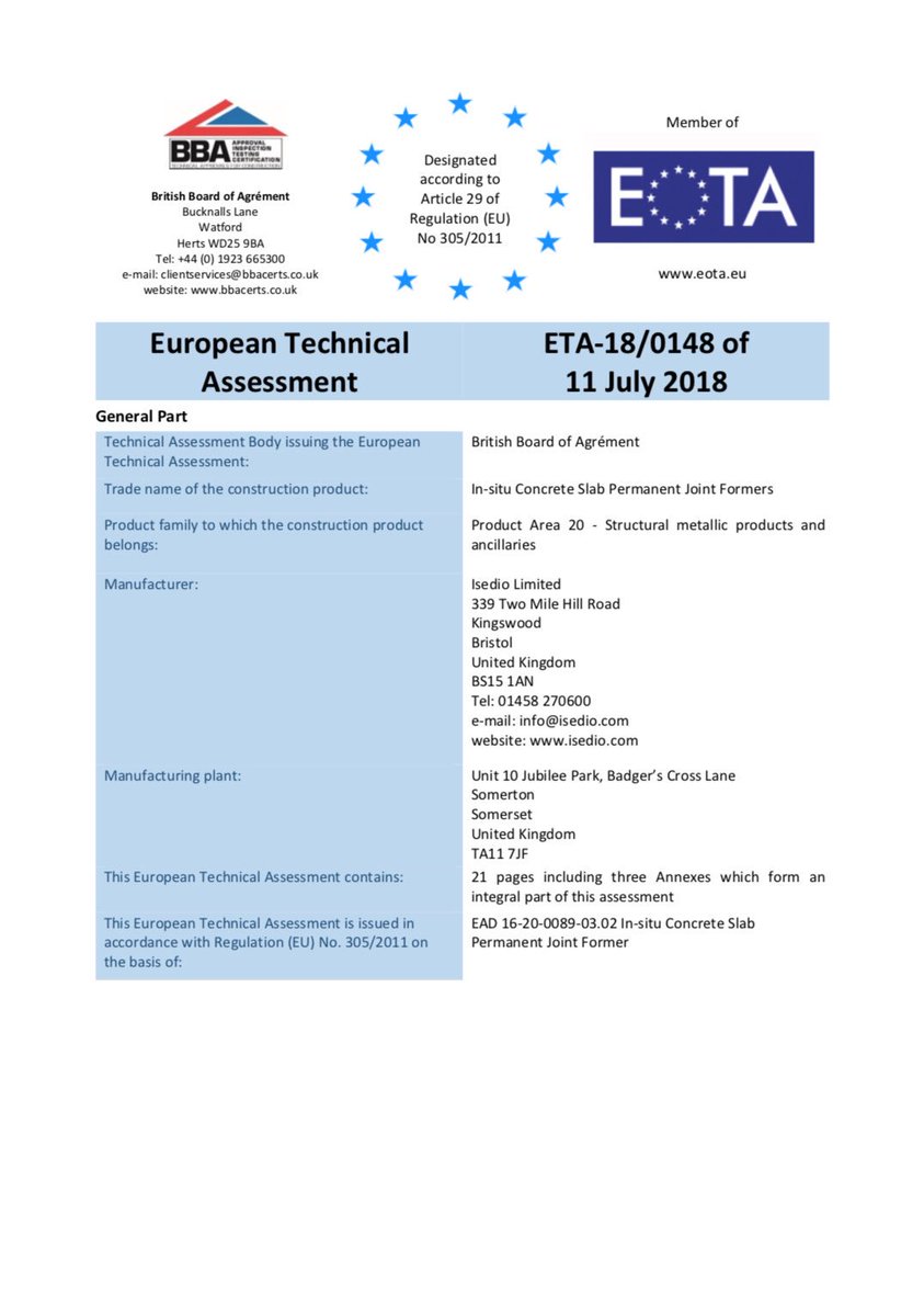 shieldjoint's tweet image. Presently, ISEDIO are the only manufacturer worldwide in a position to CE MARK industrial concrete floor joints. On 11 July we were awarded, by the British Board of Agrément, our ETA-18/0148.  Contact us for buying CPR compliant CE MARKED FLOOR JOINTS.