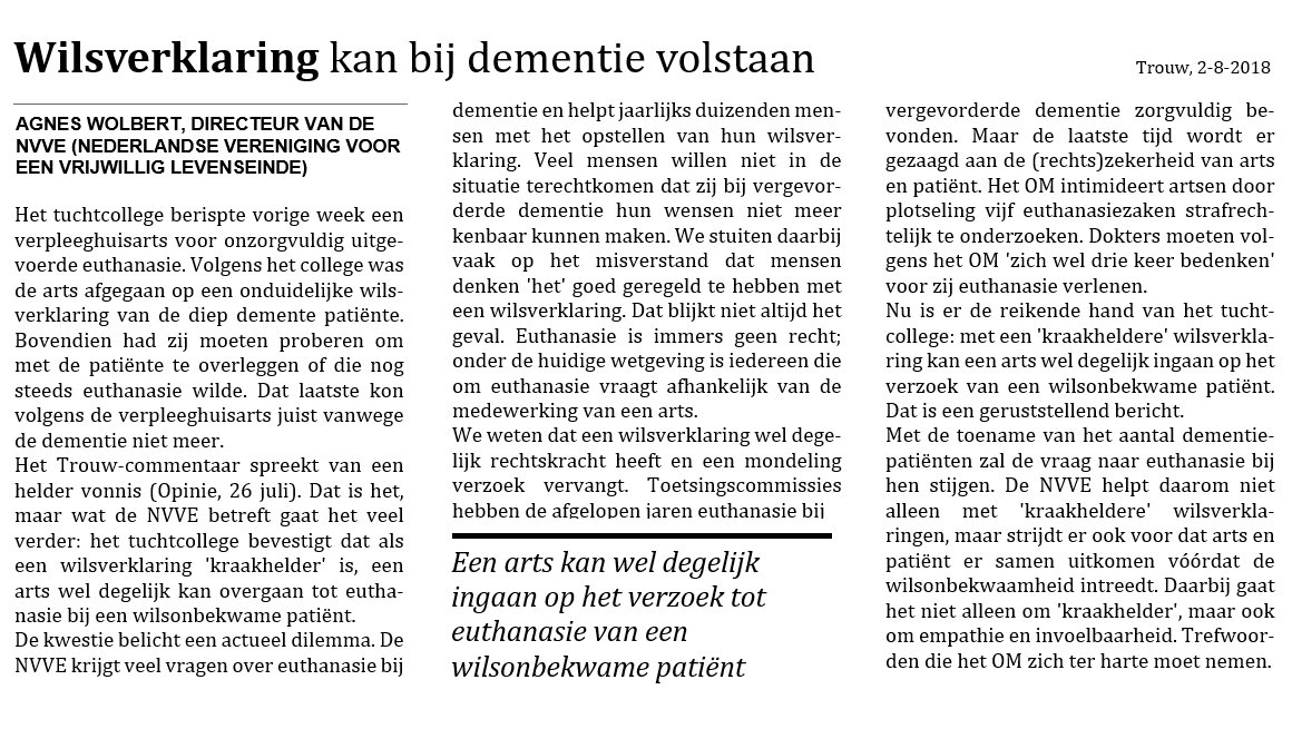Dir. #NVVE: "Met een kraakheldere #wilsverklaring kan arts ingaan op euthanasieverzoek wilsonbekwame patiënt, dat is een geruststellend bericht." Geruststellend voor wie? 🤔 Het zal héél moeilijk blijven een arts te vinden die #euthanasie wil/durft te verlenen bij diepe #dementie