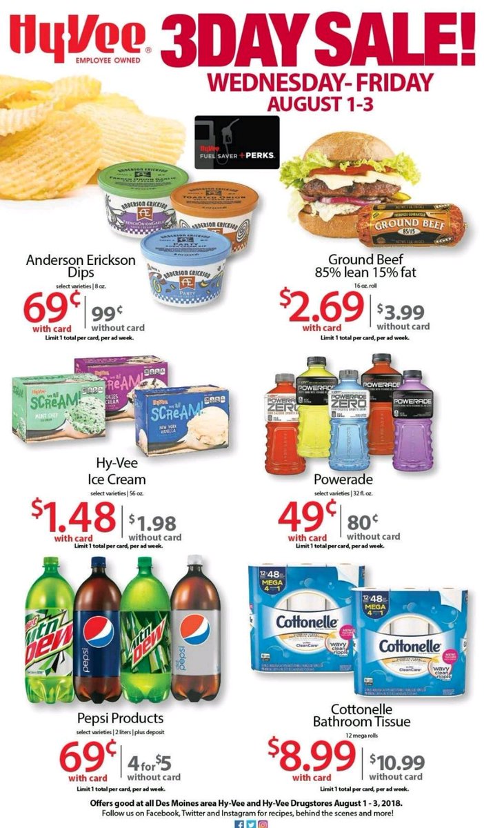 IndianolaHyVee's tweet image. Three day sale @IndianolaHyVee this Wednesday through Friday August 1-3!  Use your Fuel Saver plus perks card to get these amazing deals! #fuelsaverad #perkscard #indianolahyvee