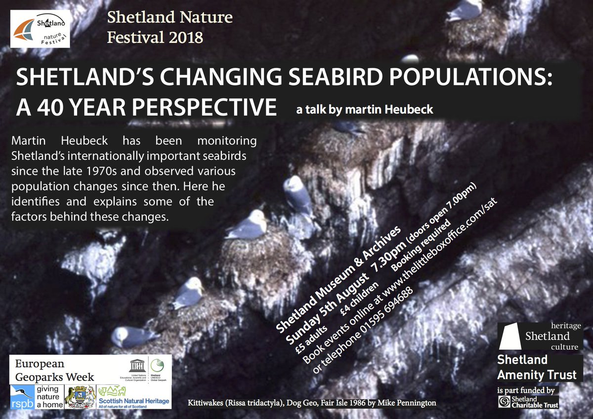 NatureFestival's tweet photo. Martin Heubeck has been monitoring Shetland’s seabirds since the late 1970s &amp; observed various population changes since then. On Sunday he will give a talk which identifies &amp; explains some of the factors behind these changes. 5th Aug, 7.30pm @ShetlandMandA https://t.co/MFQzg1xA2Z https://t.co/W6S4I0PdwZ