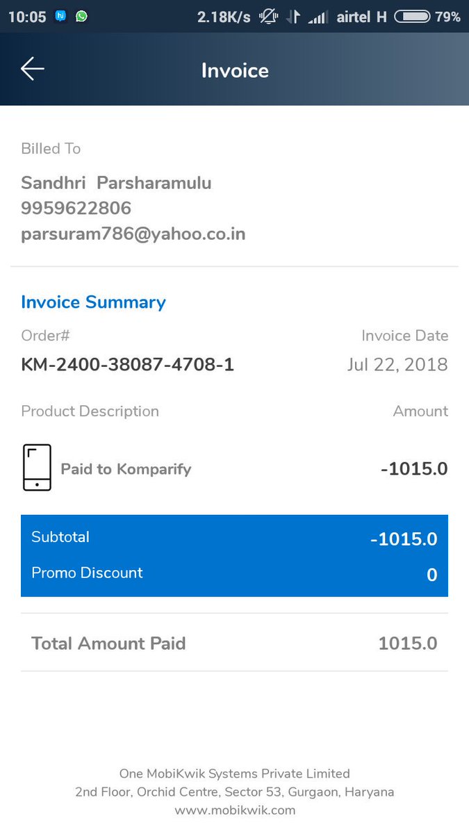 saivenkat66's tweet photo. @MobiKwik 
Hi
i have loaded funds into komparify wallet using mobikwik wallet.
Amount loading success,but komparify reverted back amount to mobikwik.
But i didn't get refund into mobikwik.

Registered mobile 9959622806
Email:. parsuram786@yahoo.co.in
Find attachment. https://t.co/LBTERNGpu4