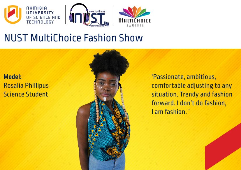 NUSTFM's tweet photo. "I don't do fashion, I am fashion." Ladies and Gentlemen, Rosalia Phillipus! Message/call us for your tickets. General N$50, VIP N$100. Office number is 061 207 2874. #NUSTMultiChoiceFashionShow #MultiChoiceNamibia #FuturisticAfro https://t.co/97pbkTMEHL