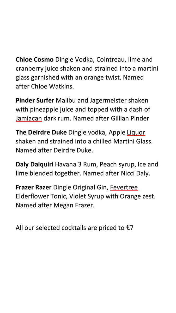 <a href="/hookhockey/">The Hook</a> <a href="/Niksymmons/">Nikki Symmons (She/Her) 💎</a> <a href="/FIH_Hockey/">International Hockey Federation</a> Talk about marking an occasion...Is this a world first?? <a href="/Porterhousebars/">Porterhouse Bars</a> have only gone &amp; named cocktails after <a href="/IreWomenHockey/">Green Army</a>!! ... Who's up for a Daly Daiquiri, Cosmo Chloe, or Frazer Razor???  #COYGIG #HockeyWorldCup #hockeyiscominghome