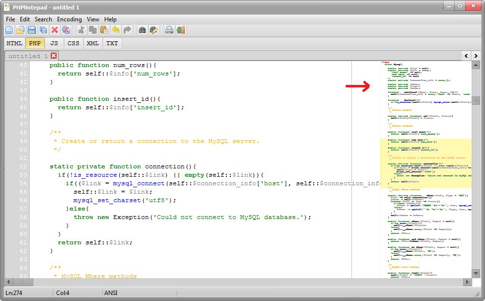 PHPNotepad's tweet image. In the new version (1.3.0) a document map has been added