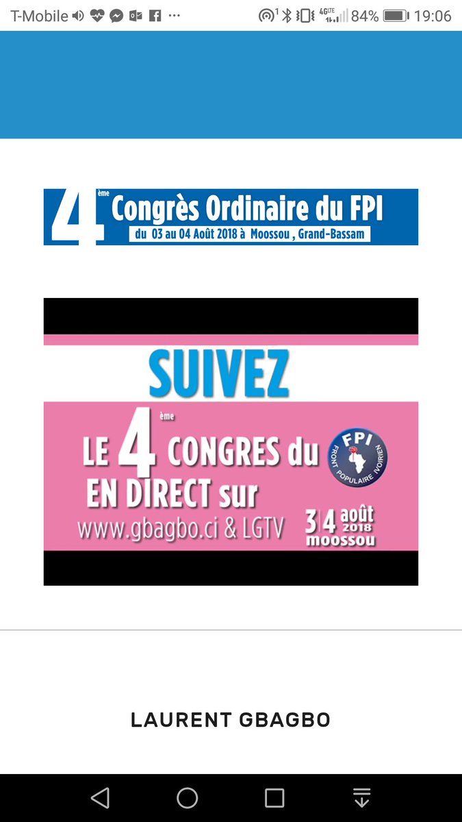 du 3 au 4 Aout 2018 suivez le congrès du FPI à Moossou à temps réel sur gbagbo.ci et LGTV
des interviews et reportages inédits.