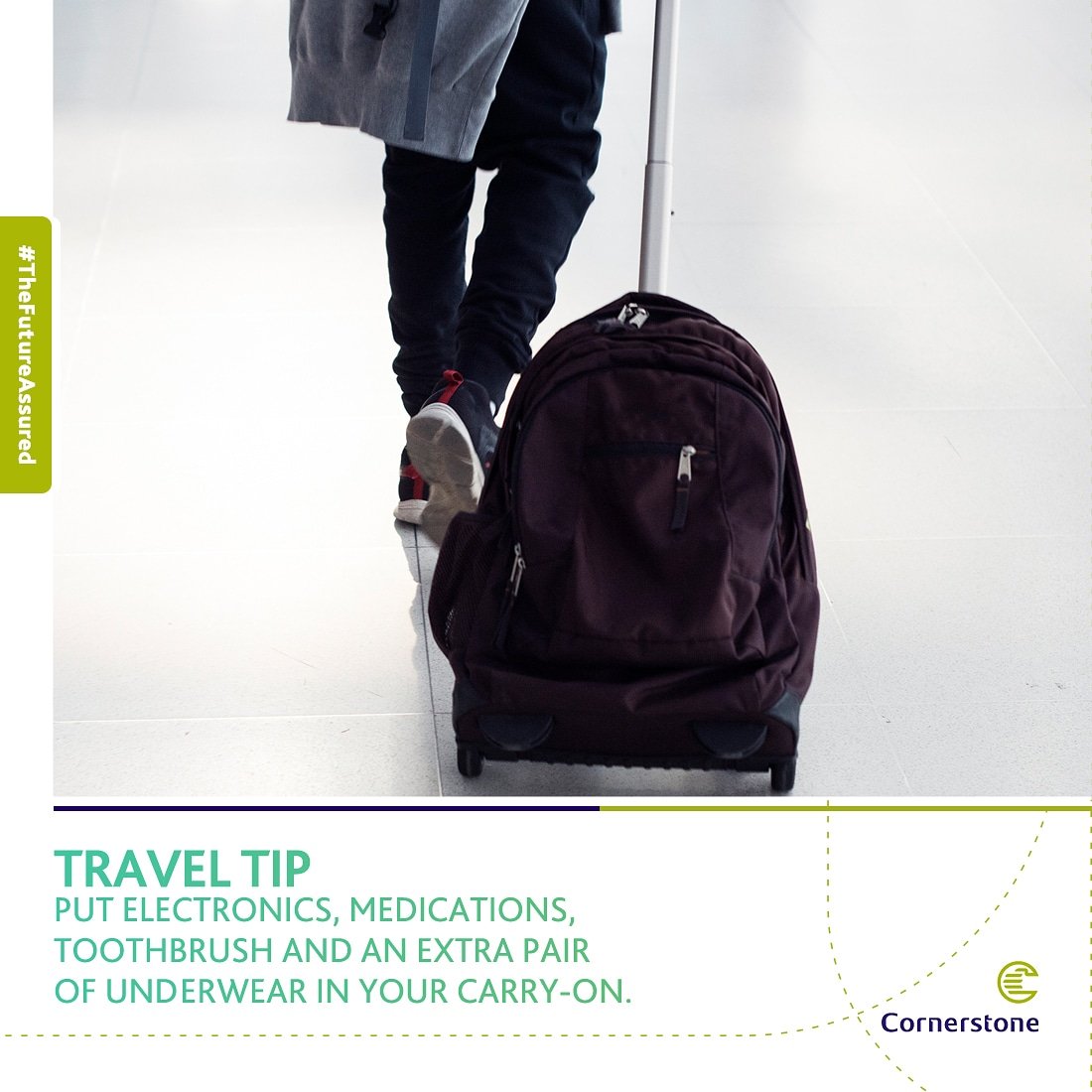 #TravelTipThursday

Always put electronics, medications,  toothbrush and an extra pair of underwear in your carry on.  

#TheFutureAssured