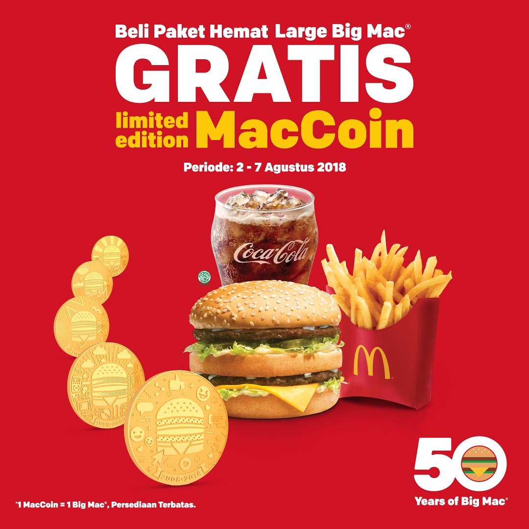 McDonalds_ID's tweet image. #MacCoin bisa kamu dapatkan hari ini! Beli Paket Hemat Large Big Mac dapetin MacCoin di tgl 2-7 Ags’18! MacCoin bisa dikoleksi/ditukar dgn 1 Big Mac di tgl 8 Ags-31 Des’18. 50 orang pertama yg menukar MacCoin di tgl 8 Ags akan dapat 1 Medium Fries&amp;amp;Drinks. #MacCoin #BigMac50tahun
