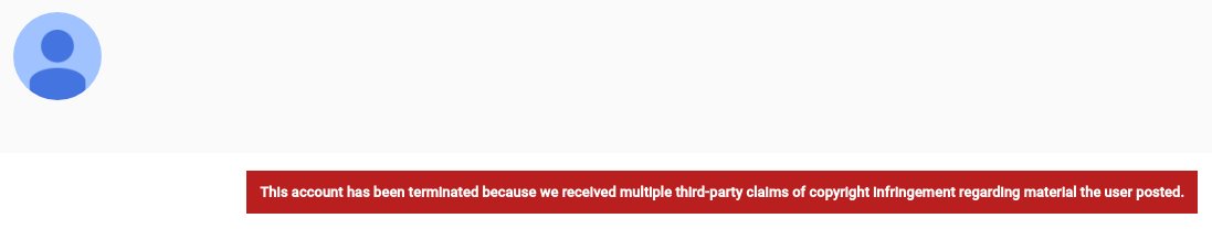 "This account has been terminated because we received multiple third-party claims of copyright infringement regarding material the user posted."