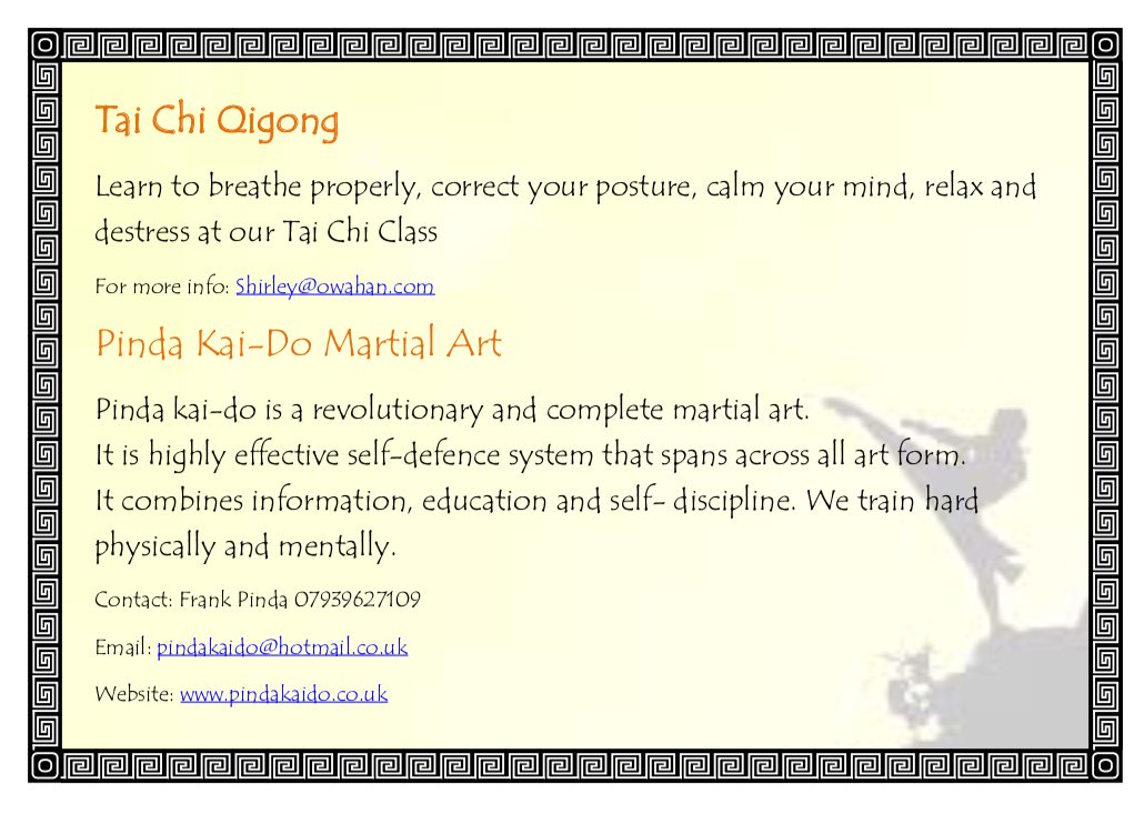 - TAI CHI QIGONG 
Your Tai chi class here at <a href="/ChestnutsCentre/">Chestnuts Community</a> 
- PINDA KAI-DO MARTIAL ART
A revolutionary and complete martial art!
#martialarts #TAICHI #stayfit #selfdefence #Training