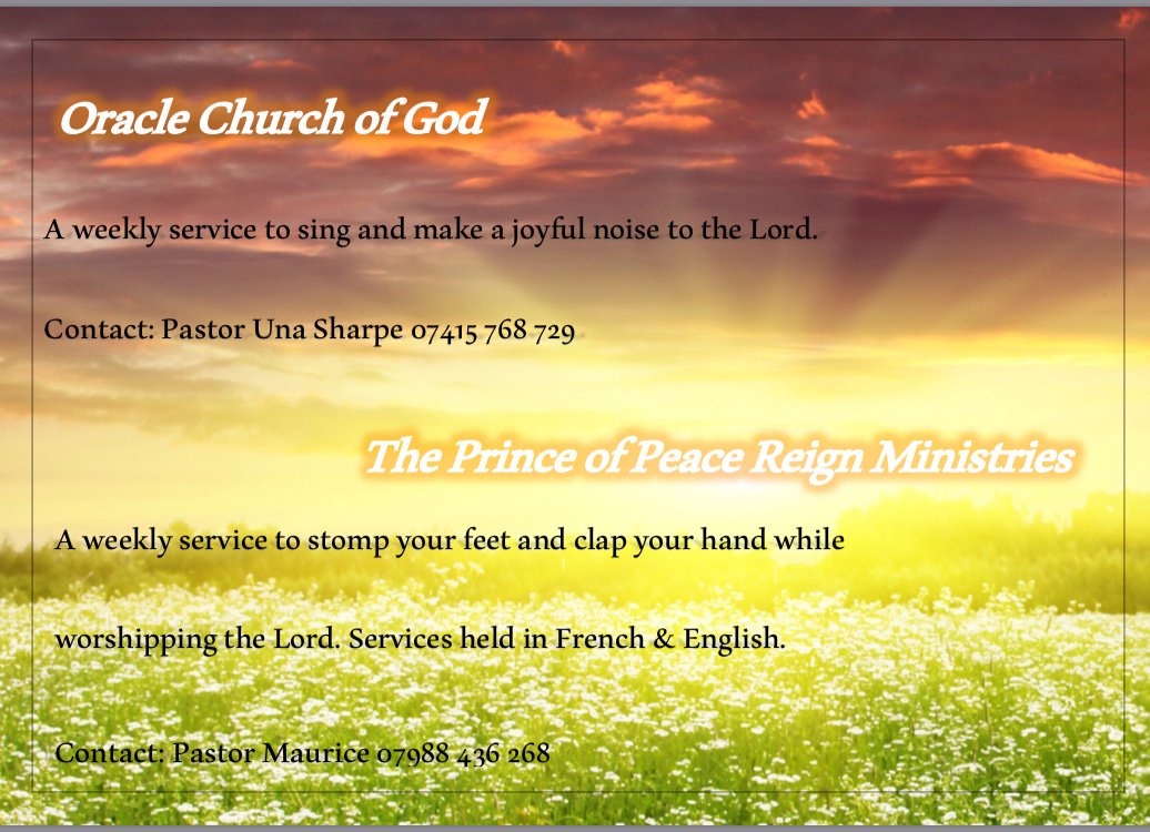 - ORACLE CHURCH OF GOD 
- THE PRINCE OF PEACE REIGN MINISTRIES 
Here at <a href="/ChestnutsCentre/">Chestnuts Community</a> 
#religion #worship #JOY #Happiness