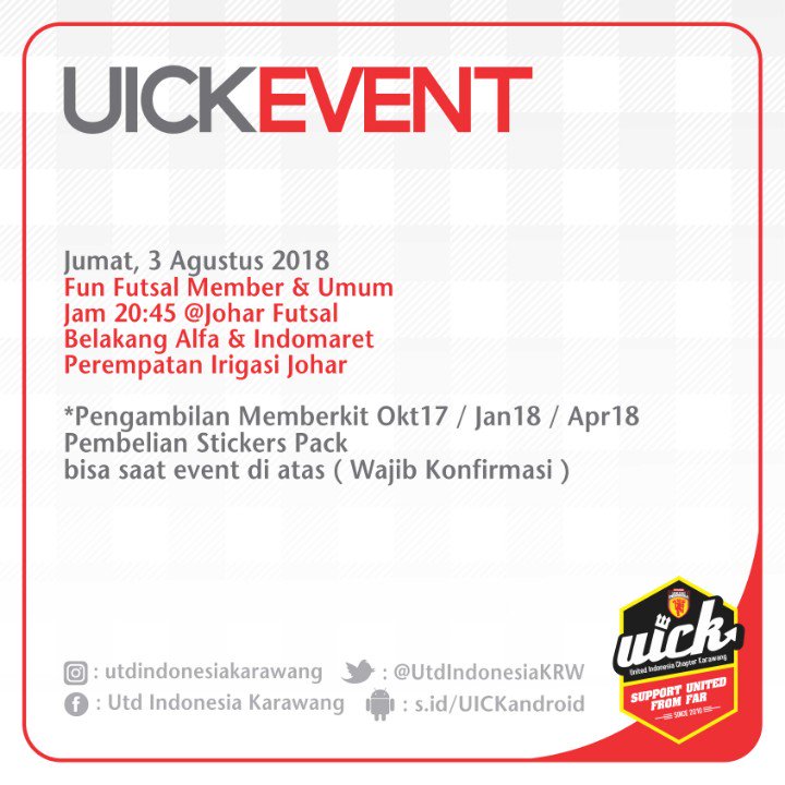 UICK Fun Futsal
» Jumat 3 Agustus 2018 - Jam 20:45
» Johar Futsal Lapang Vynil goo.gl/maps/b32Hs5fXu…
» HTM: Pelajar 10rb • Umum 15rb