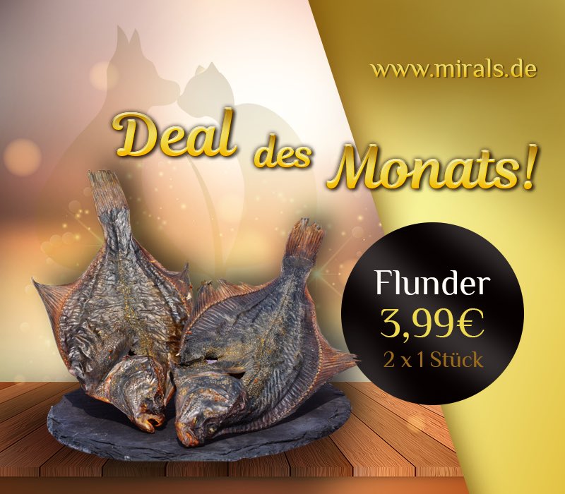 _mirals_'s tweet photo. Unser Deal im August 🎉
Da seid Ihr platt wie eine FLUNDER!

Das Angebot gilt nur solange der Vorrat reicht! 
https://t.co/Znx8m3Lc8x
#mirals #hund #kausnack #hundeernährung #flunder https://t.co/Qttgnb1Jhg