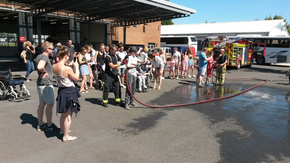 SMWinchester30's tweet photo. Welcome to Winchester fire station, 90 young people and carers from Wylye Valley Disabled Riding Charity. Great weather for 'water on!' https://t.co/4FQWVAD3yb