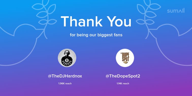 Our biggest fans this week: <a href="/TheDJHardnox/">DJHardnox</a>, <a href="/TheDopeSpot2/">The Dope Spot (Hip-hop Blog)</a>. Thank you! via sumall.com/thankyou?utm_s…