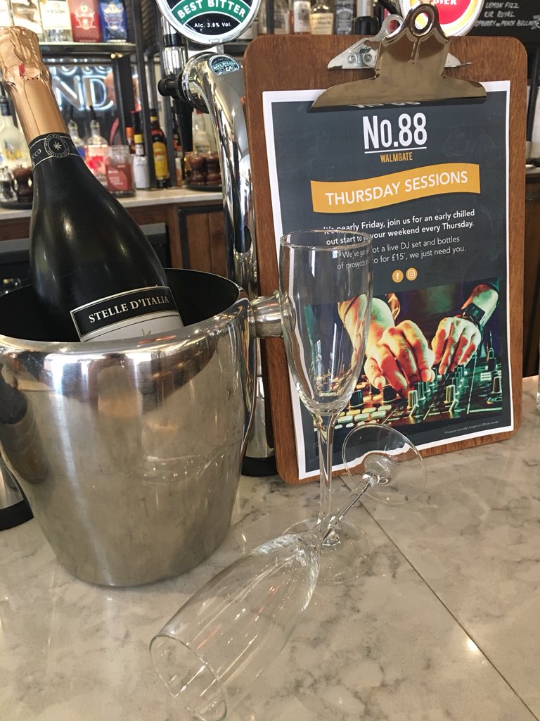 Not long till our #thursdaysessions starts at No.88 Walmgate @hotelindigoyork. Bottles of Prosecco just £15 per bottle and live chill out DJ. Start the weekend early (from 7pm!)