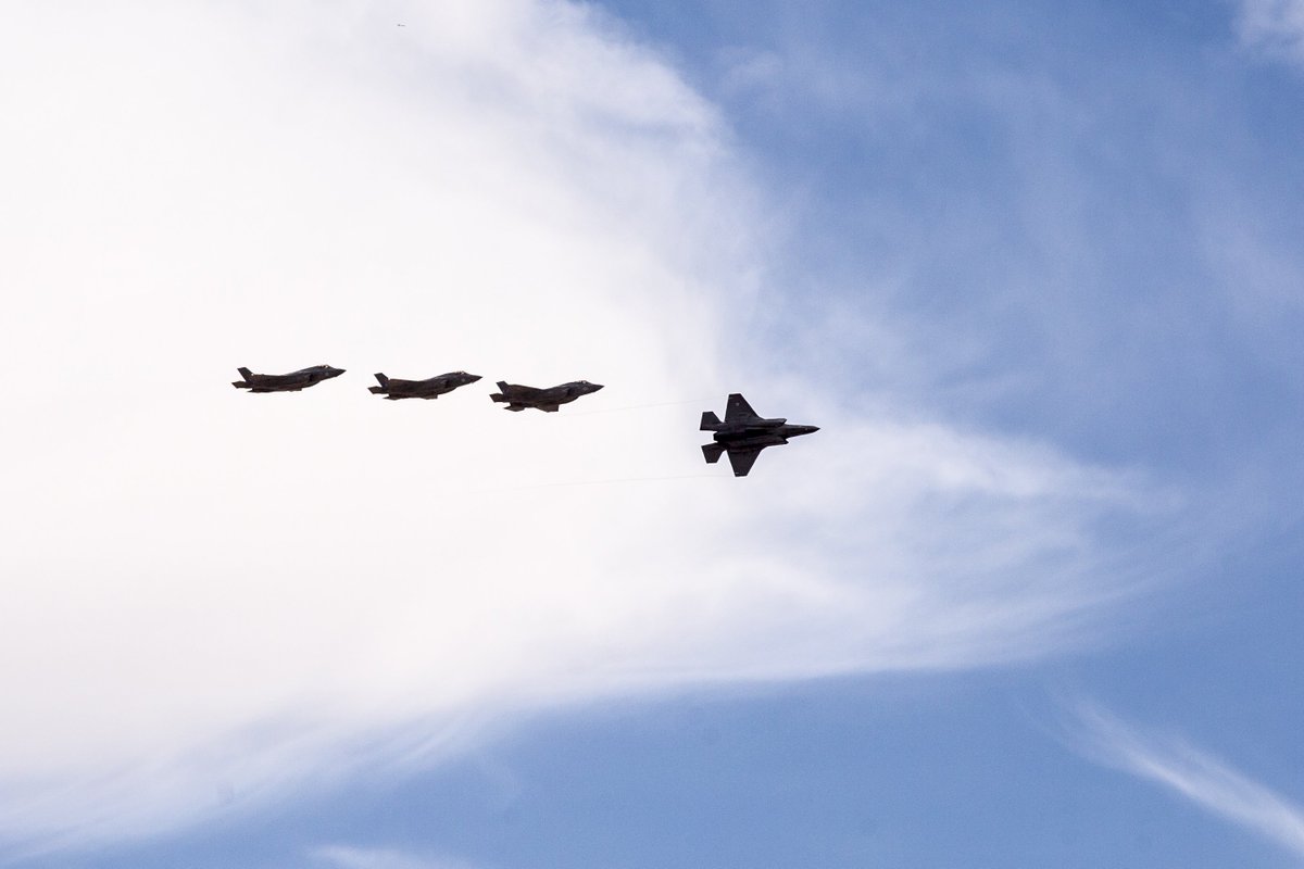 17SqnRAF's tweet photo. TBT to March this year with our 3 UK F35Bs flying with a @USMC VMX-1 F-35B as part of our joint test and evaluation programme. #lightning #4ship #coalition #STOVL #blackknights #avgeek https://t.co/GgPmleSLrT