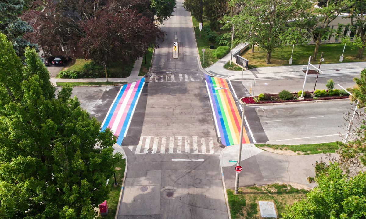 McMasterU's tweet photo. Introducing the beautiful new crosswalks at the Sterling Street entrance to campus! Thank you to #HamOnt Mayor @FredEisenberger and Ward 1 Councillor @aidan_johnson for including McMaster in this initiative. | #BrighterWorld https://t.co/0vDQbNhNRN