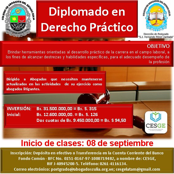 caezulia's tweet image. Diplomado en Derecho Práctico, asesorado por especialistas de la región. Duración 3 meses. Horario Sabatino de 8 AM a 1 PM. Inversión: Bs. 31.500.000,00 financiado. Info: 0261-4116134 o cesgelatam@gmail.com Inicio 08/09/2018