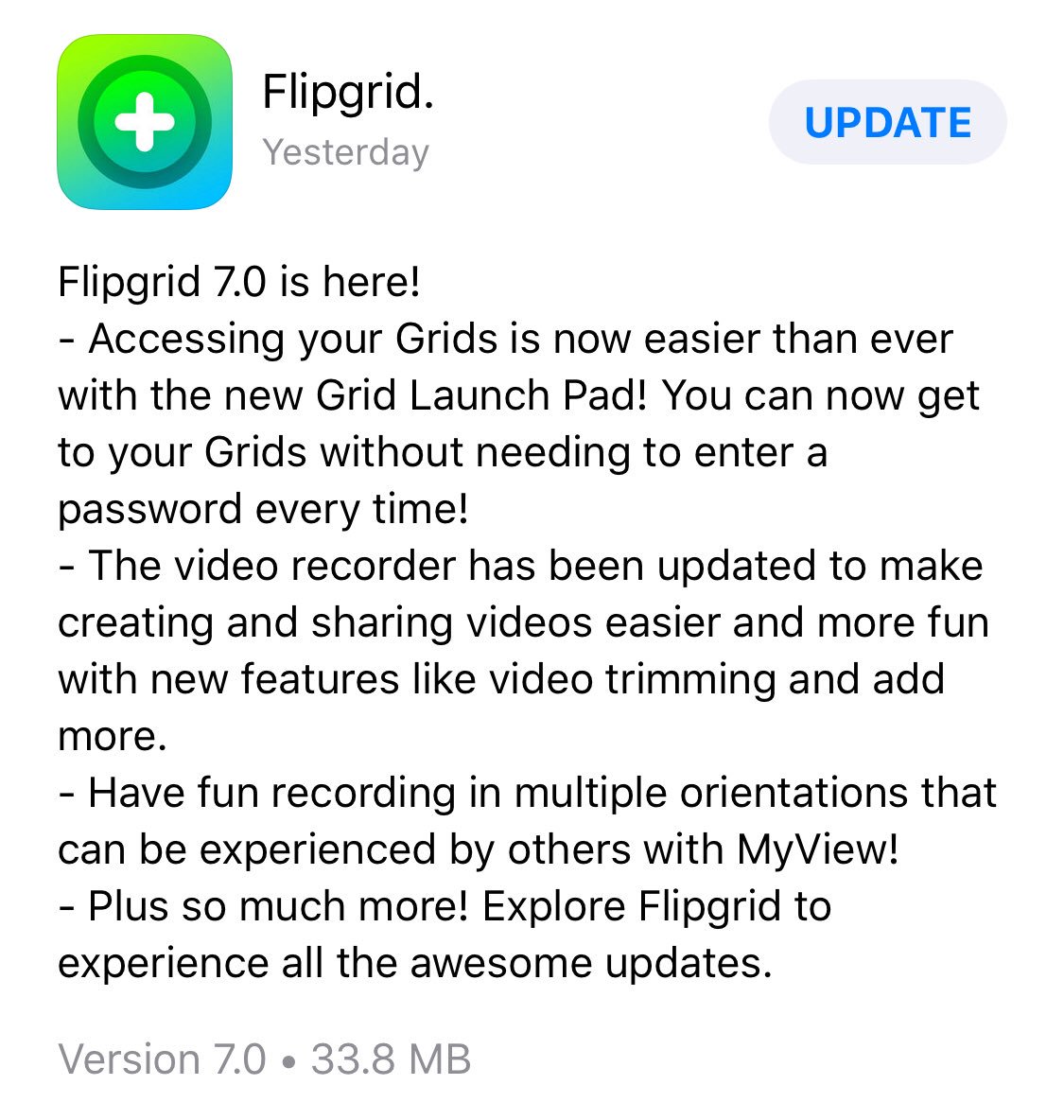 annkozma723's tweet photo. Have you pushed the UPDATE yet? 
@flipgrid 7.0 is HERE &amp; it’s 🙌🏼🔥😍!
SO stoked for the new Grid Launch Pad, video trimming &amp; MyView! The new features are AMAZING! 💚✨ #FlipgridFever https://t.co/GdJq0AYttc
