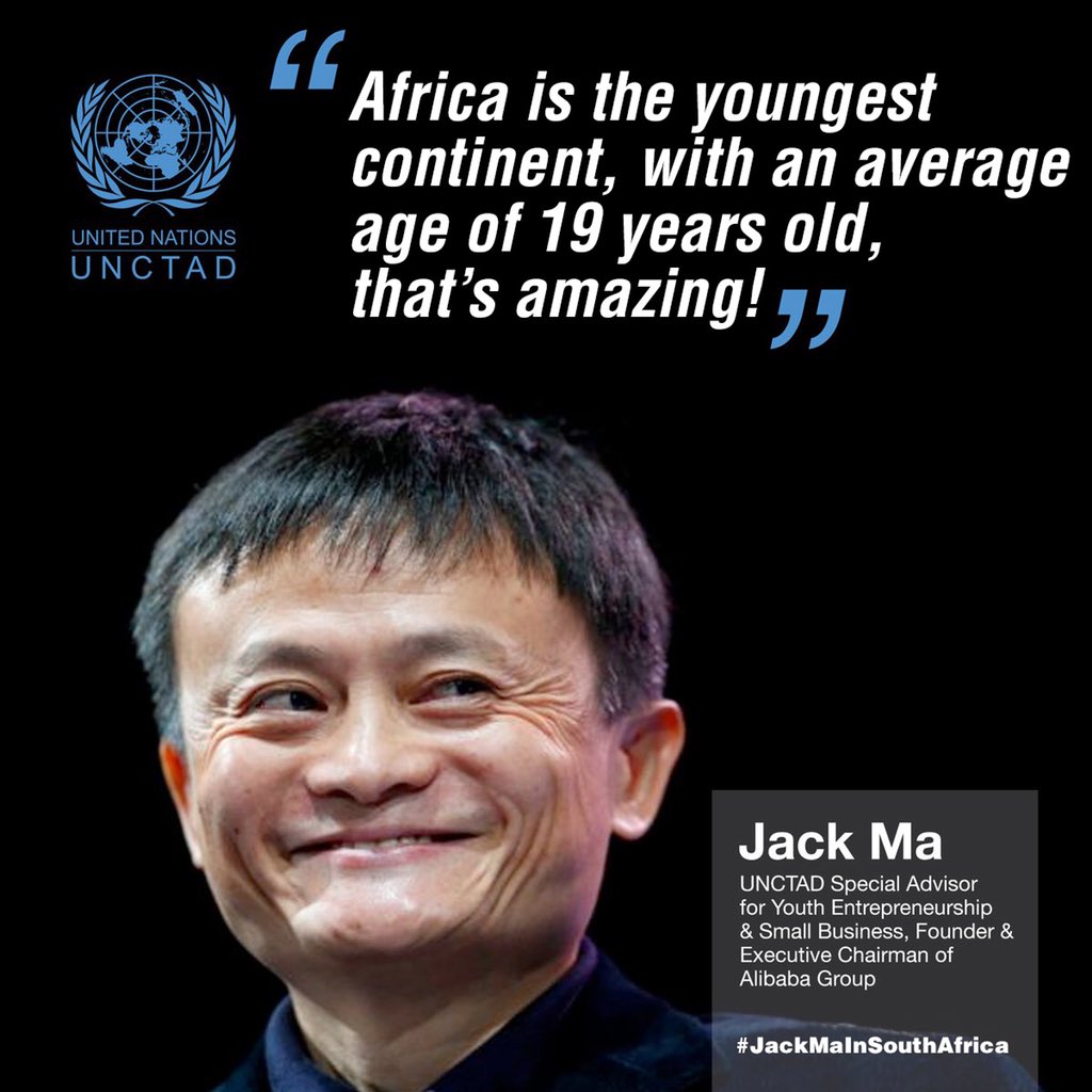 UNCTAD's tweet image. #Africa’s 🌍 population is young. 
That’s one of its biggest strengths, says @AlibabaGroup founder and UNCTAD special adviser Jack Ma. 

Get set for next week’s ‘Netrepreneurs: The Rise of Africa's Digital Lions’
📱💻📈
➡️bit.ly/2vxkt51  

#JackMaInSouthAfrica #ICT4Dev