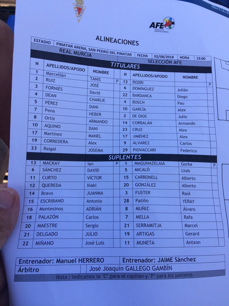 Alineaciones confirmadas entre <a href="/realmurciacfsad/">Real Murcia CF</a> - <a href="/afefutbol/">AFE</a>  en <a href="/PinatarArena/">Pinatar Arena</a> 
Escúchalo aquí  👇🏻👇🏻👇🏻⚽️📻🎙
mixlr.com/futboldembronce