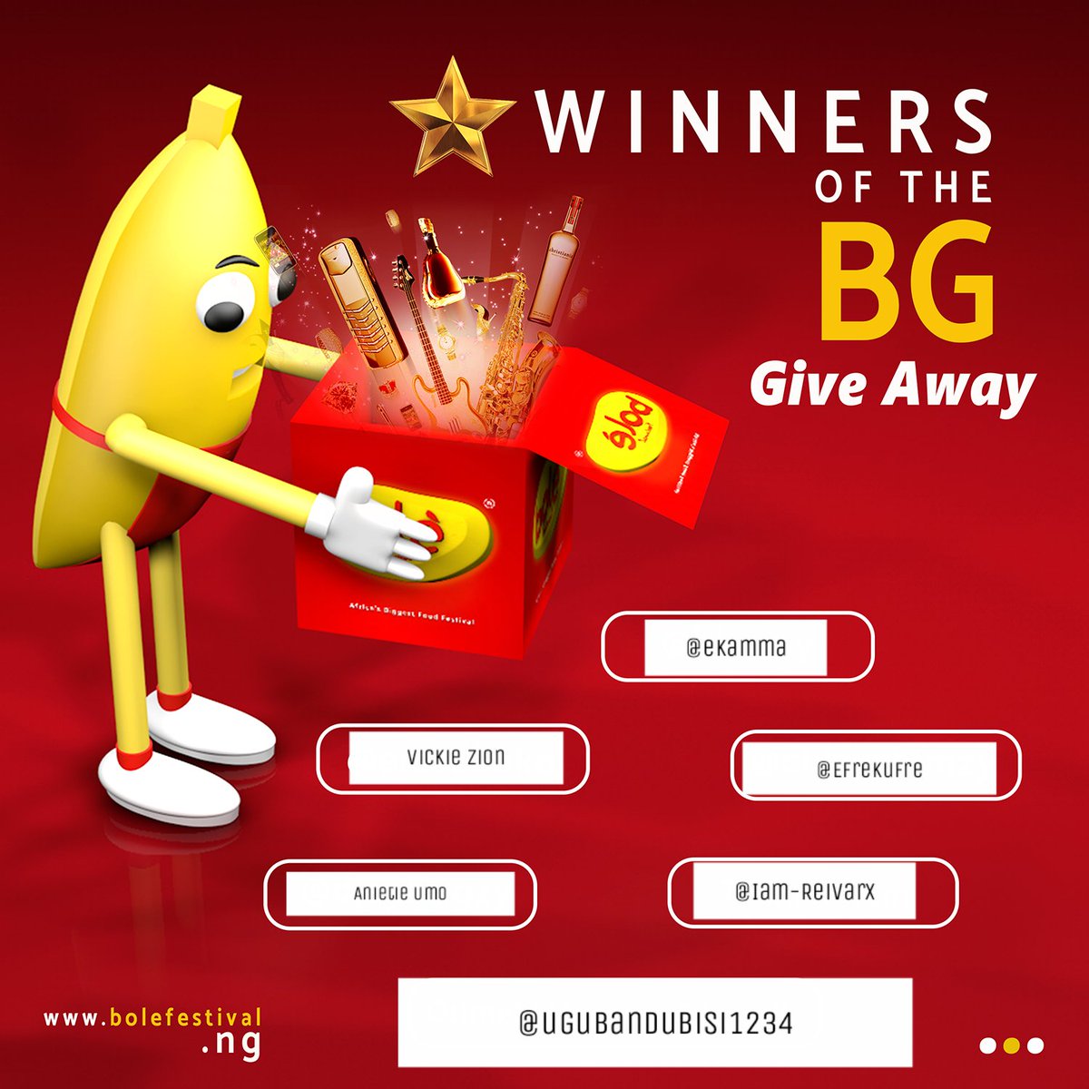 BoleFestival's tweet photo. ๐๐๐๐๐ Winners of BG giveaway trivia: @ugubandubisi1234
@_ekamma
Vickie Zion
Anietie Umo
@EfreKufre
@Iam_Reivarx
To redeem your prize please DM your details and contact 08032480215 Eze or 07068962778 Chima
#BGgiveaway #bolefestival2018 #giveaway #EatPlayConnect #freeticket https://t.co/94uQ1yhuO2