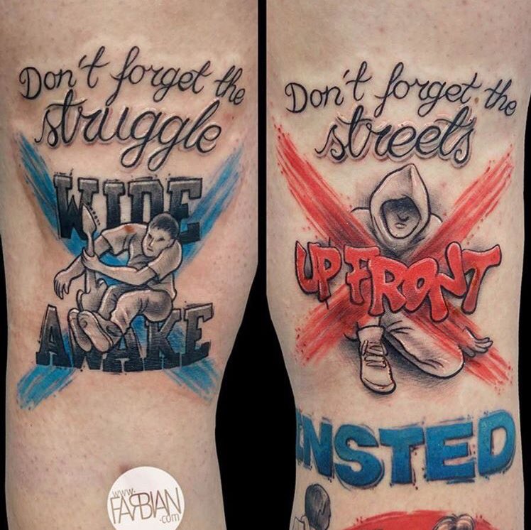 These is one of the most amazing display of spirit I ever seen. When I seen these tattoo it bring my to tears to know someone have this much hc spirit remain deep within. I soon will get this same tattoo but instead of Insted logo I get Ignite. I like Insted but Ignite more.
