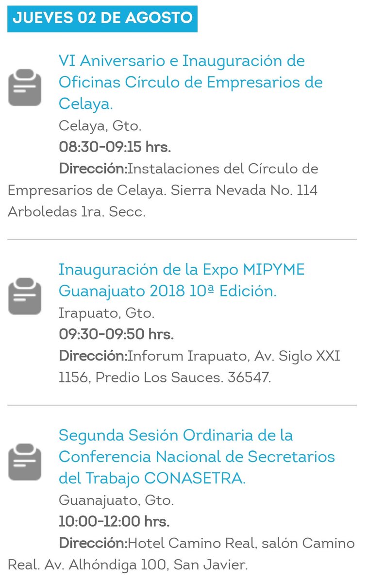 comsocgente's tweet photo. #AgendadelDía del Gobernador @miguelmarquezm
🔹 VI Aniversario e Inauguración de Oficinas Círculo de Empresarios de Celaya
🔹 #ExpoMipyme Guanajuato 2018 #OrgulloyCompromisoCumplido
🔹 2a Sesión Ordinaria Conferencia Nacional de Secretarios del Trabajo #CONASETRA https://t.co/BPDz1xrgG7
